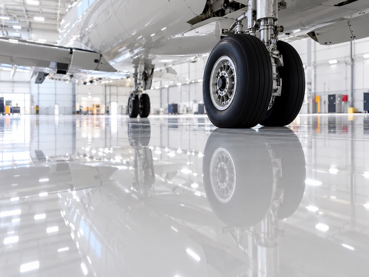Close-up of a high-gloss floor reflecting hangar lights