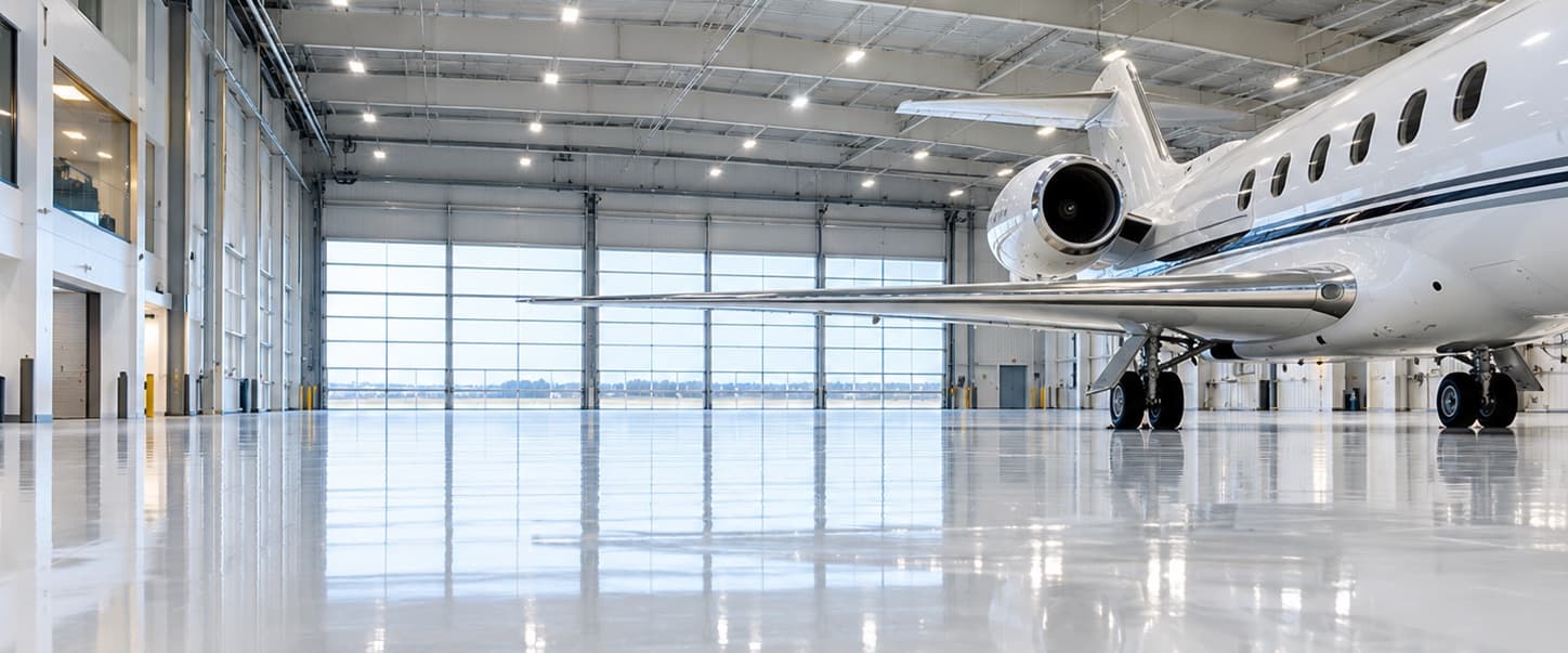 Private aircraft parked on a bright white glossy hangar floor