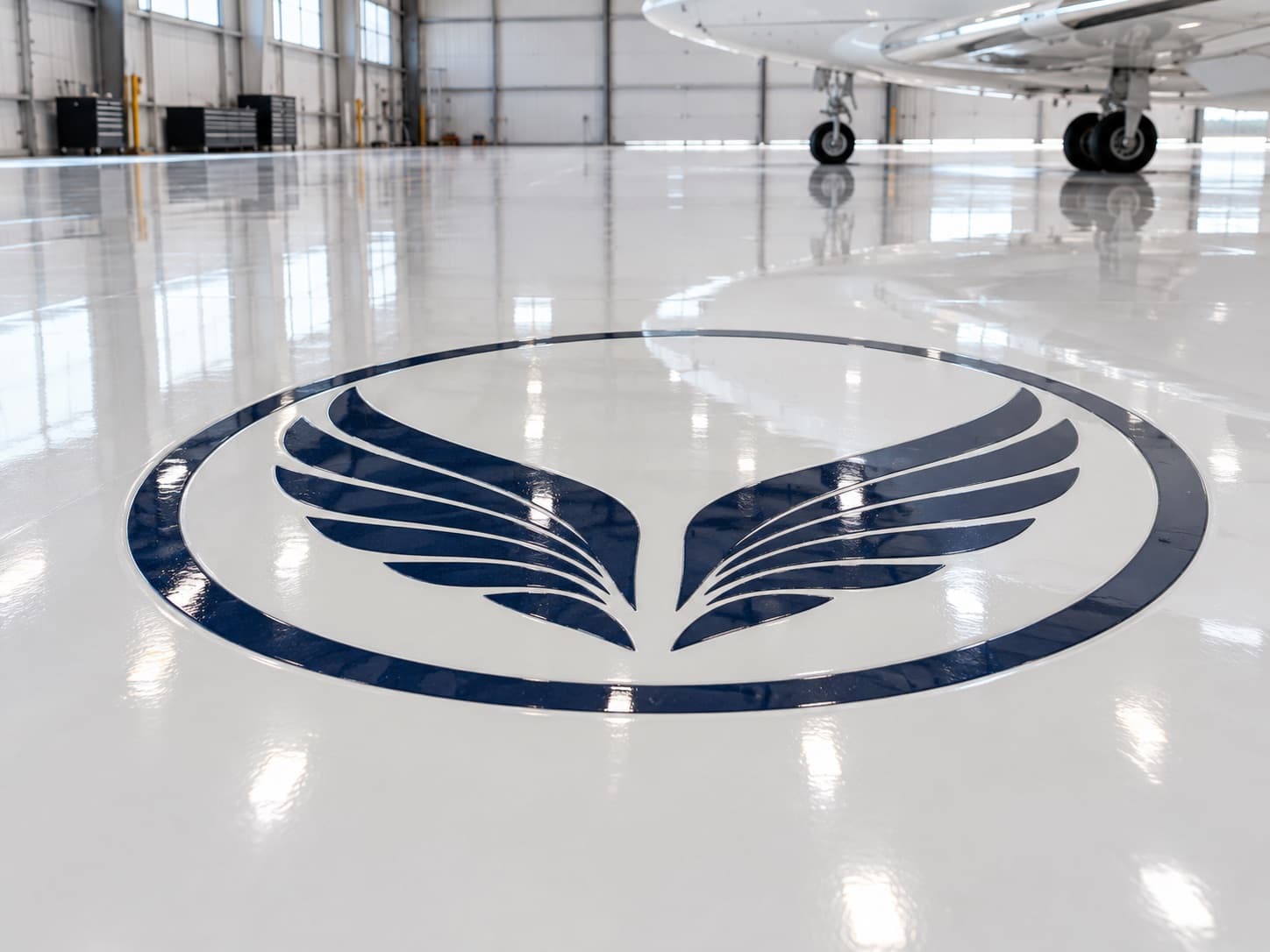 Company logo installed in a glossy hangar floor