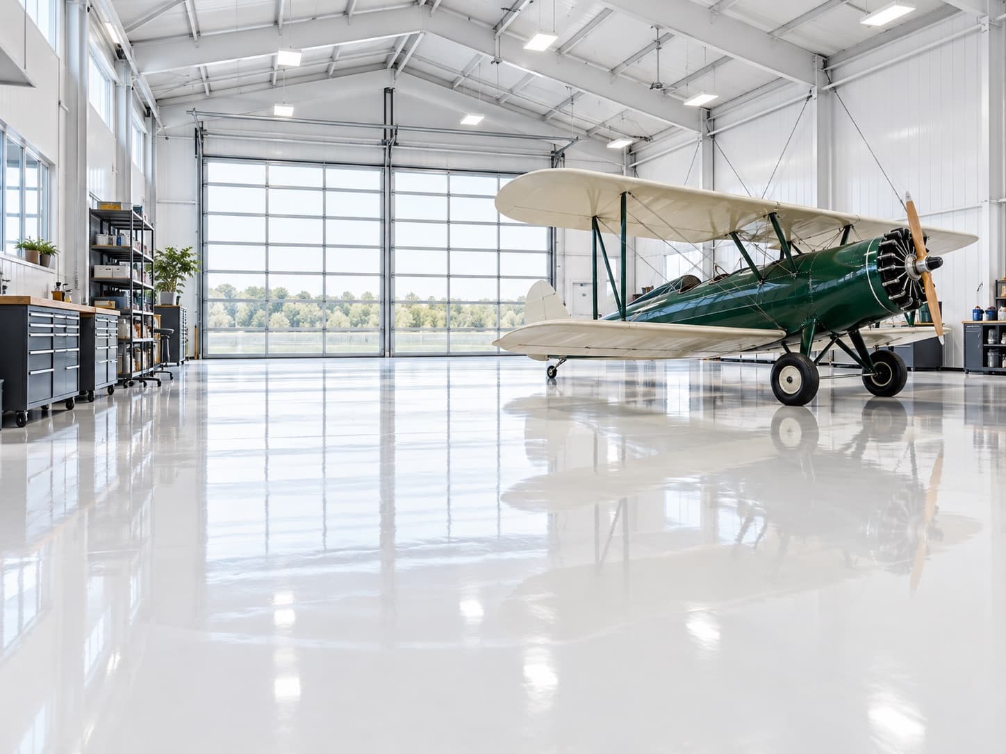 Wide view of an empty hangar with a white glossy floor