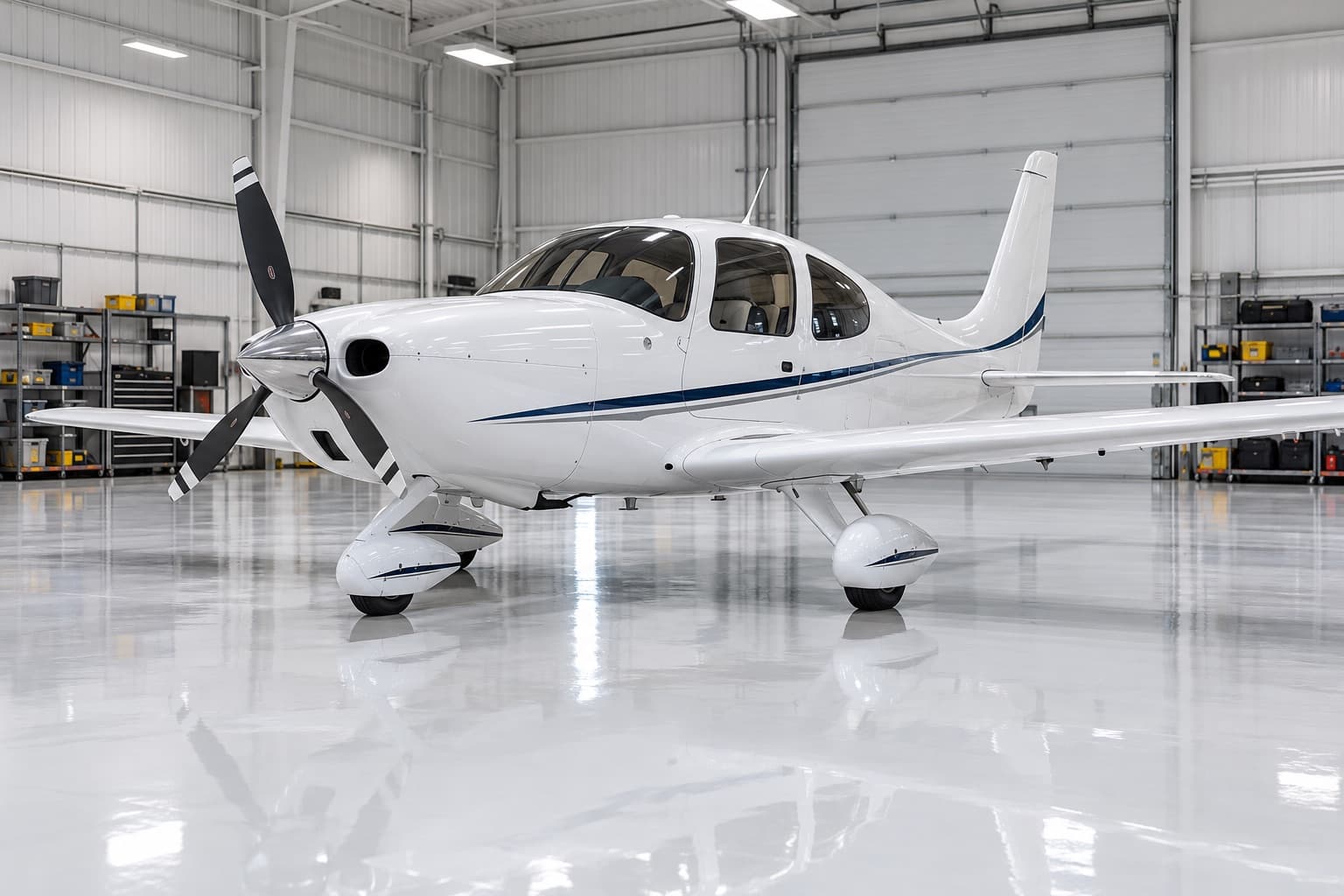Small plane on a white high-gloss hangar floor