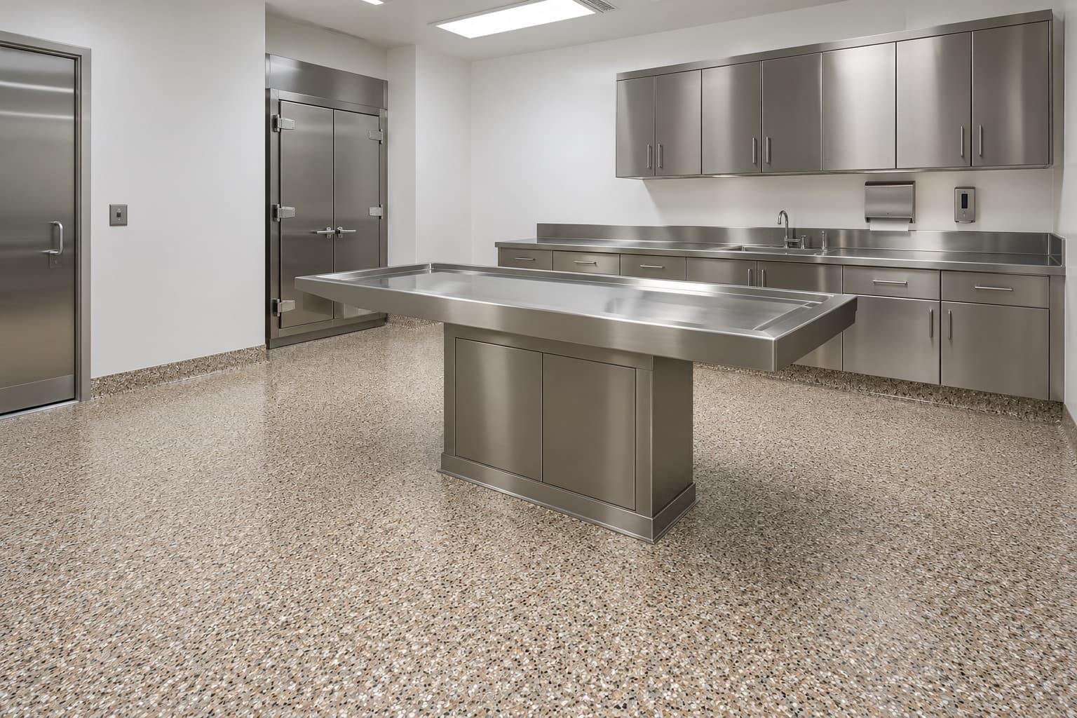 Speckled flake-finish floor in a clean prep room