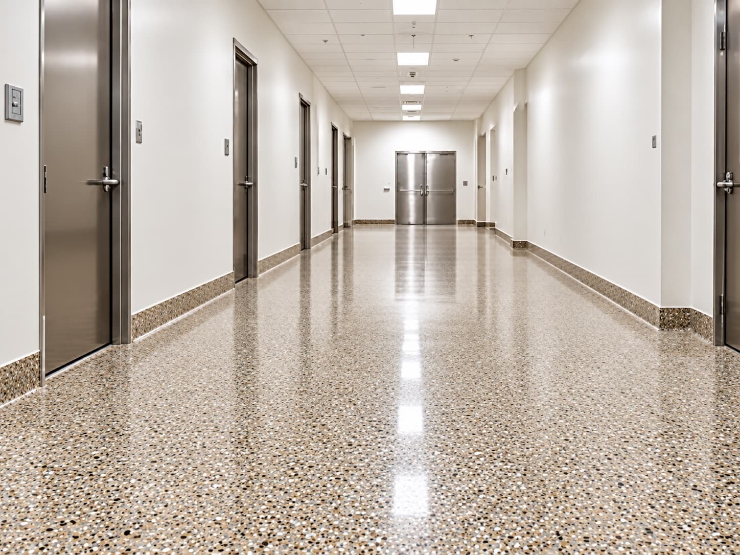 Empty, spotless prep room with a seamless floor