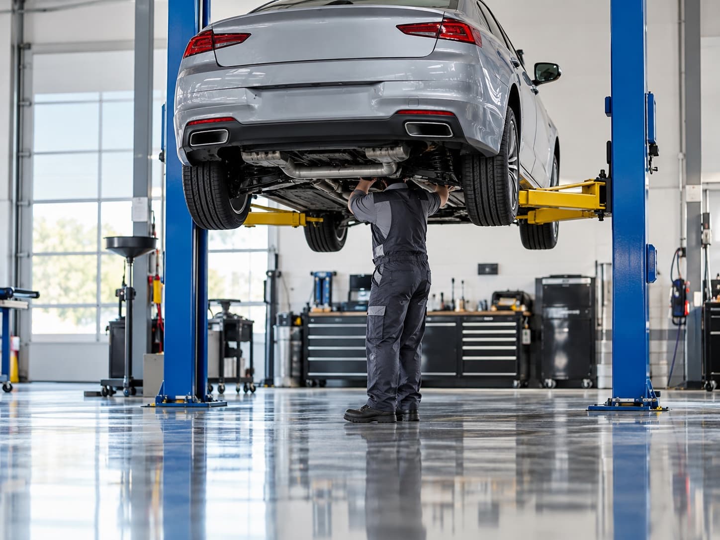 Car on a lift above a clean glossy shop floor