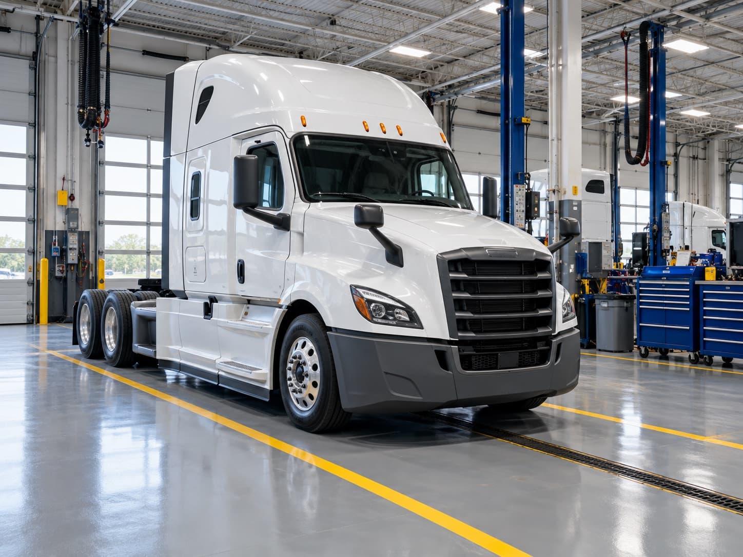 Fleet maintenance shop with a semi truck on a coated floor