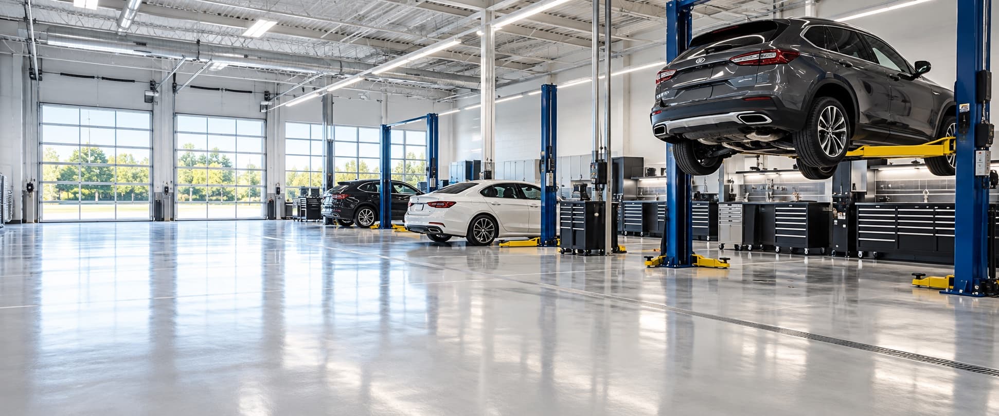 Bright auto service bay with a glossy floor and vehicle lift