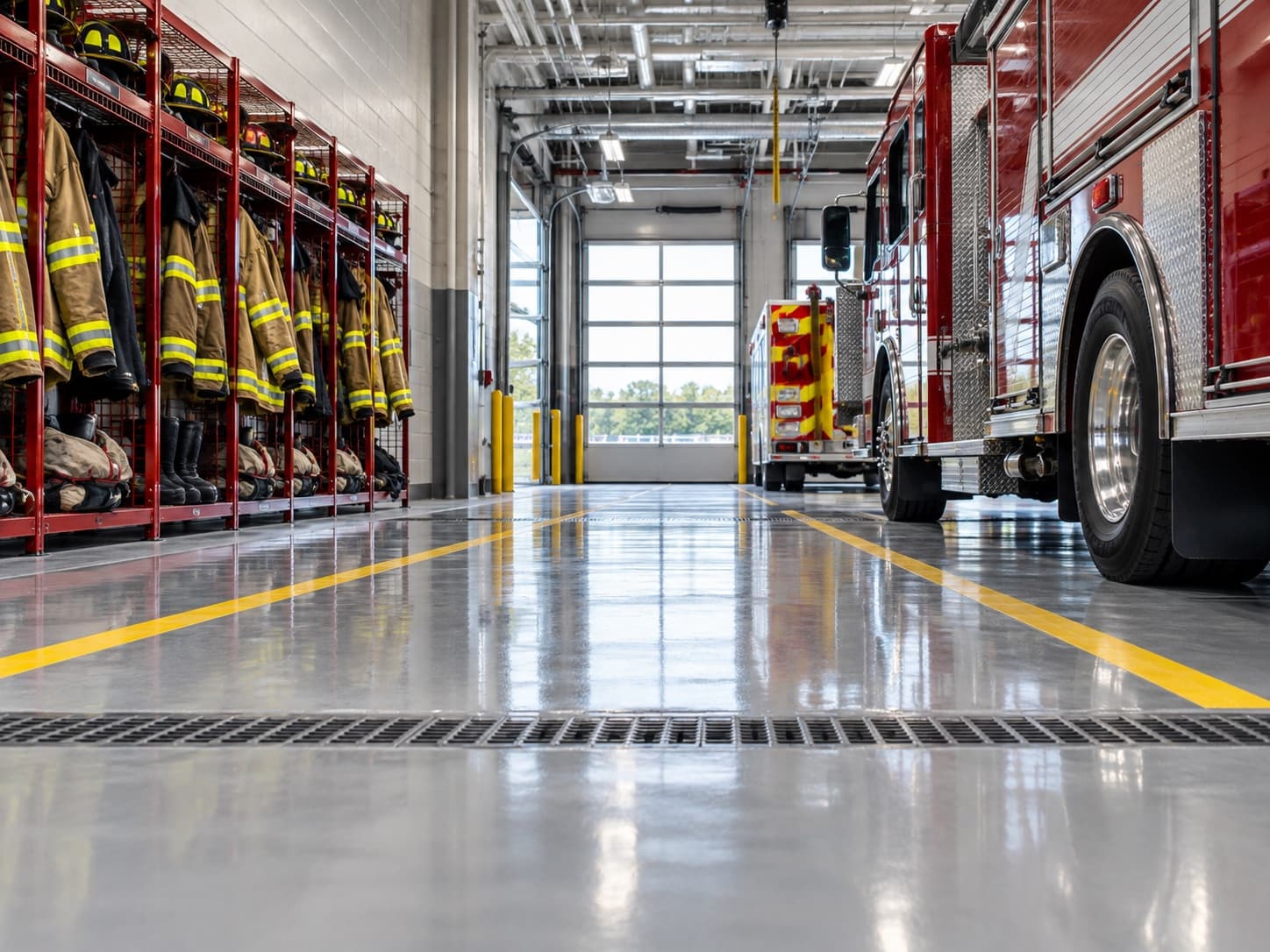 Glossy apparatus bay floor with painted parking lines