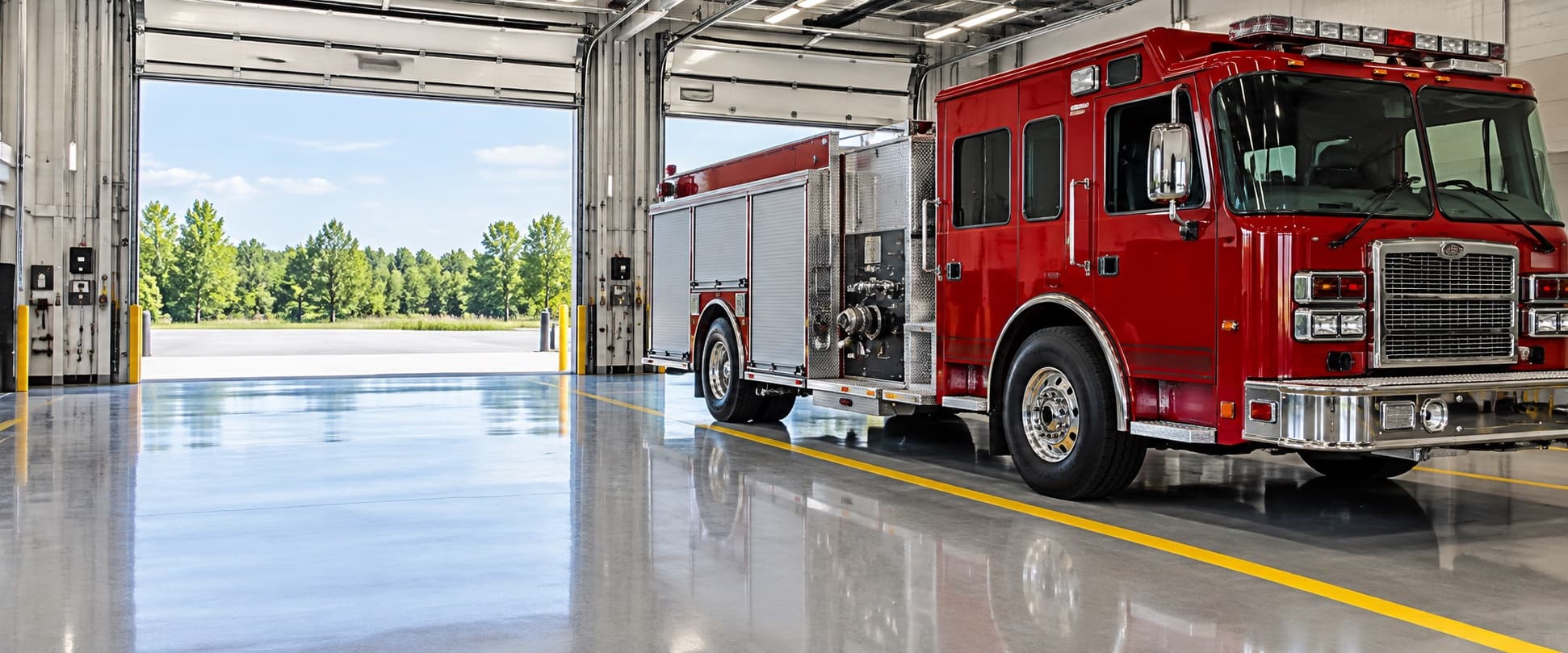 Fire engine parked in a clean apparatus bay with a glossy floor