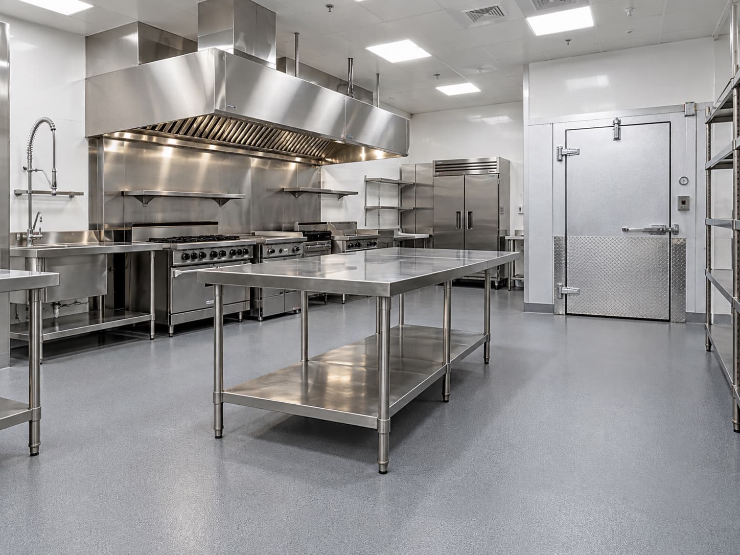 Commercial kitchen with a seamless textured floor