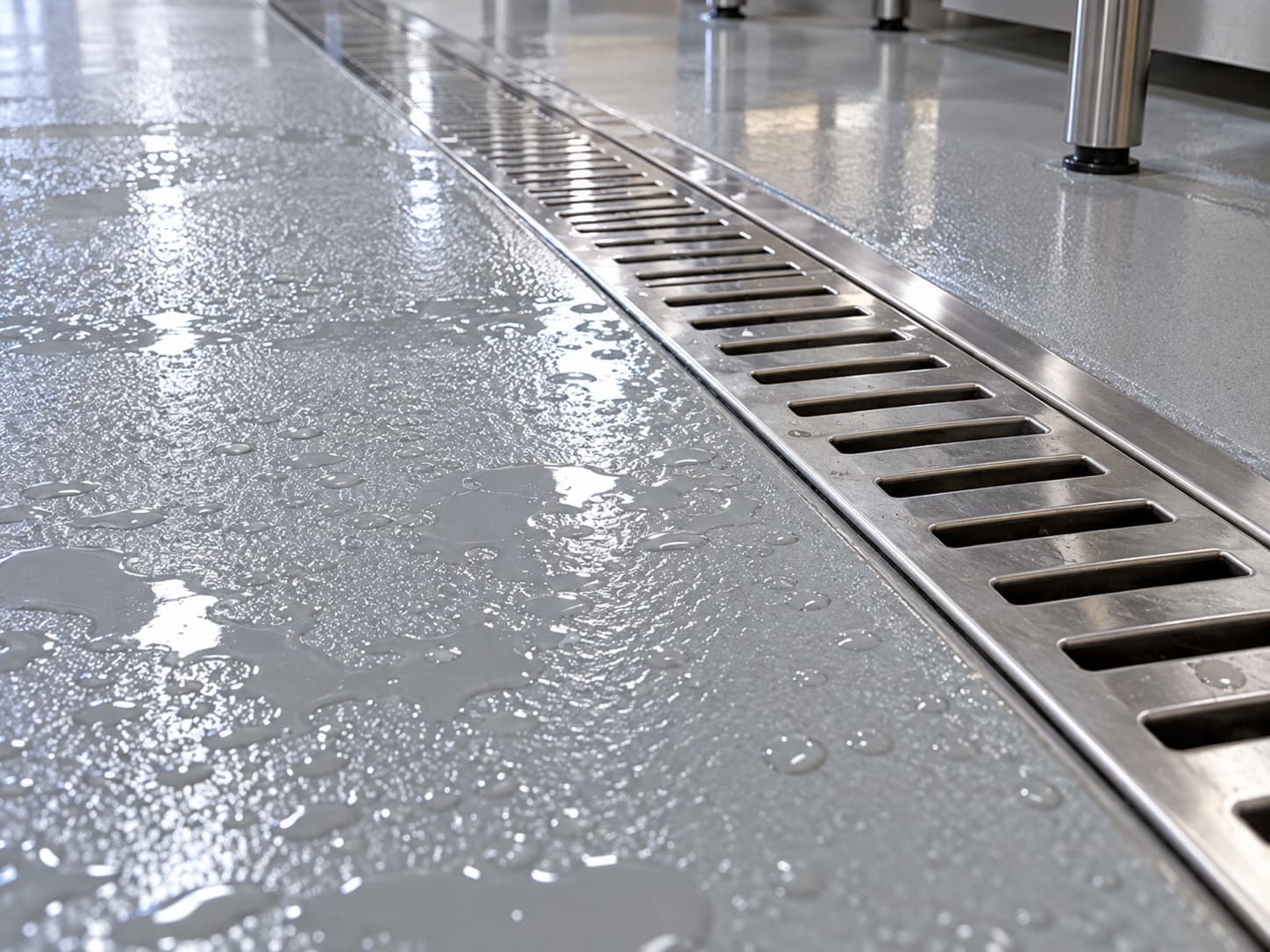 Seamless floor running into a stainless trench drain