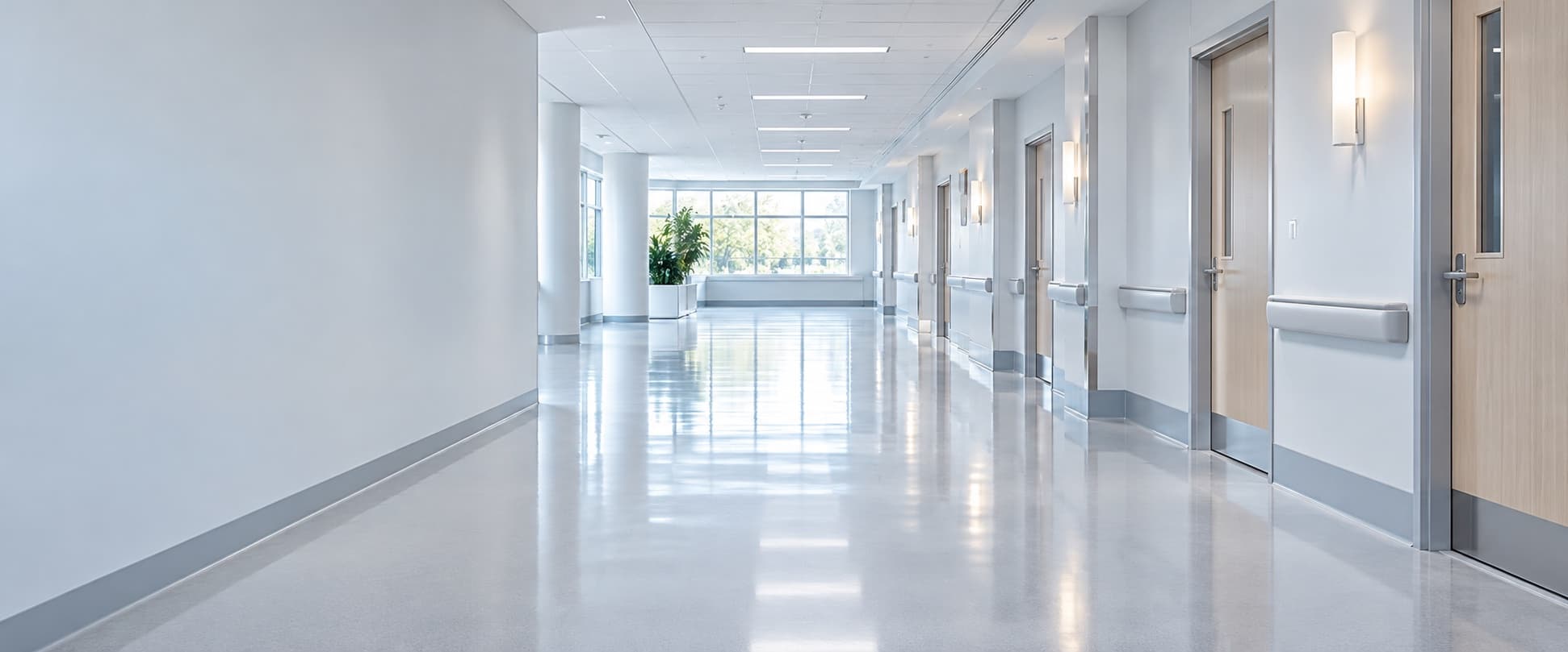 Bright, empty clinical corridor with a seamless floor
