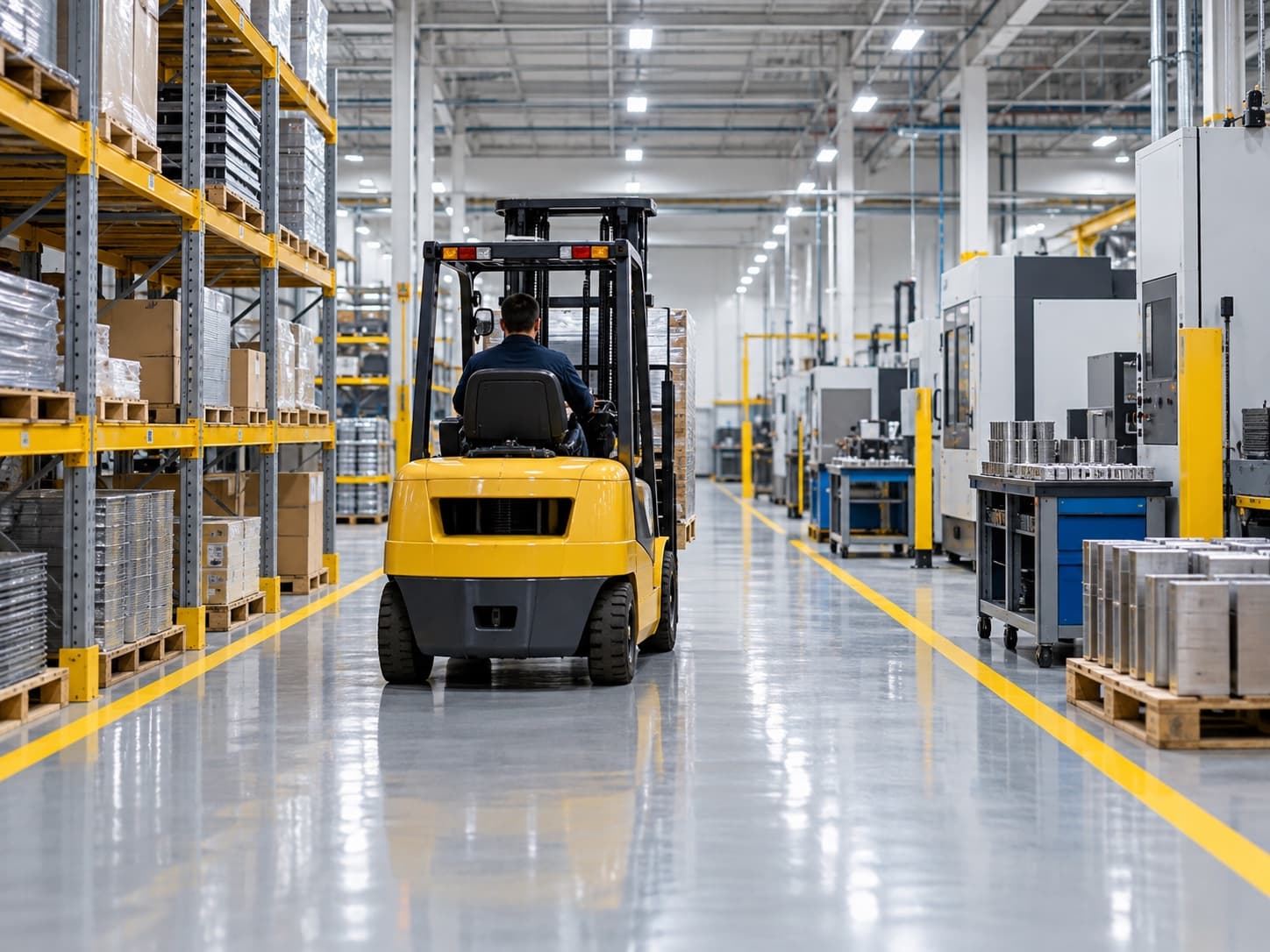 Forklift on a coated manufacturing floor with yellow safety lines