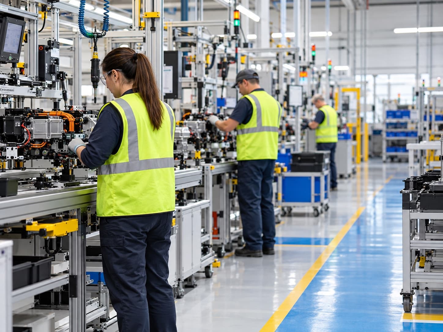 Assembly line on a bright seamless floor