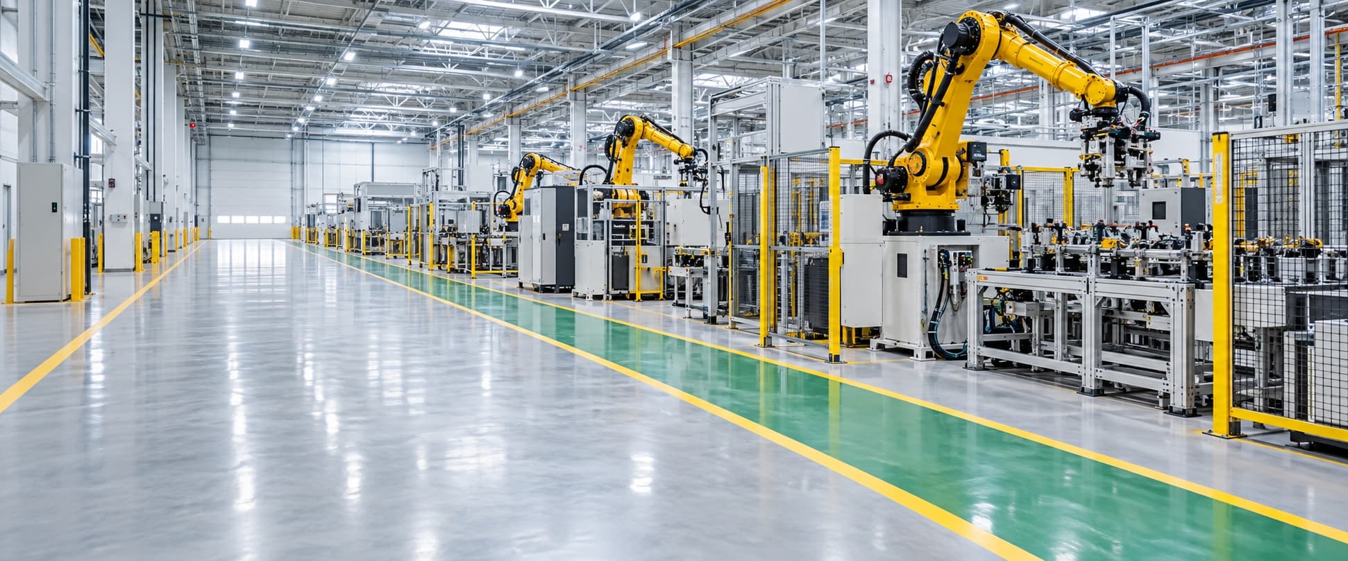 Clean production floor with marked aisles and machinery
