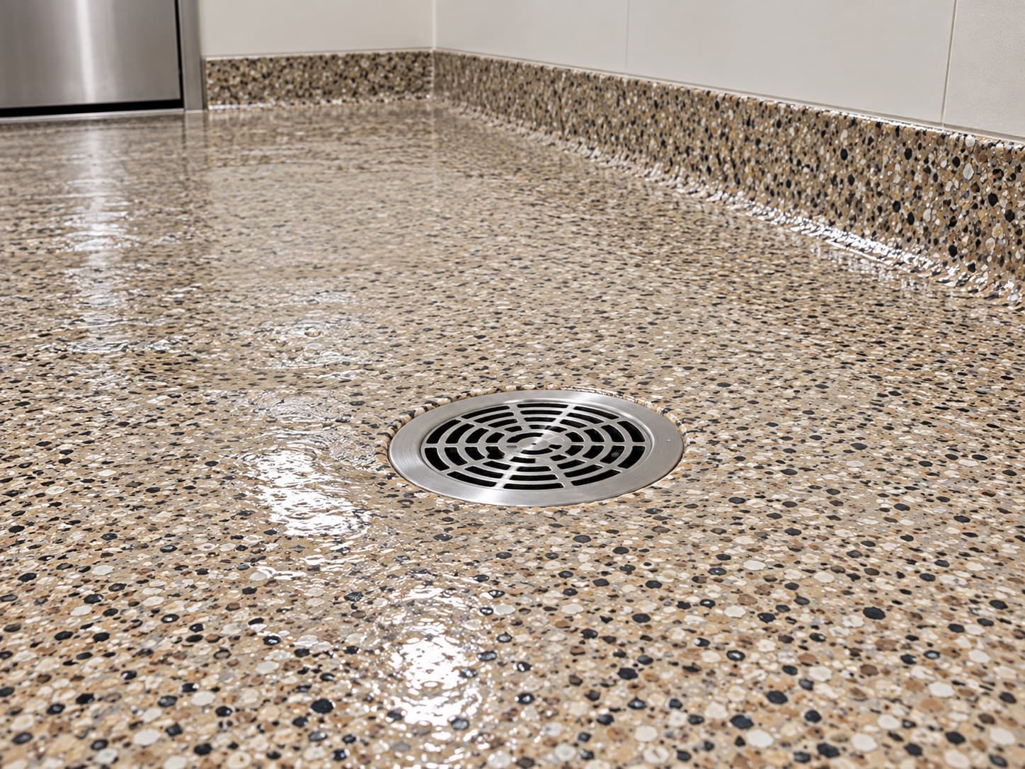 Seamless floor sloping to a stainless floor drain
