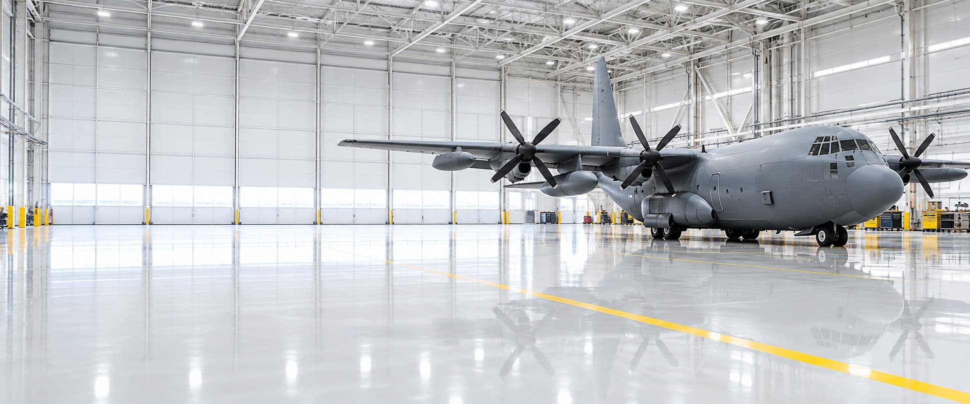 Large maintenance hangar with a bright white glossy floor