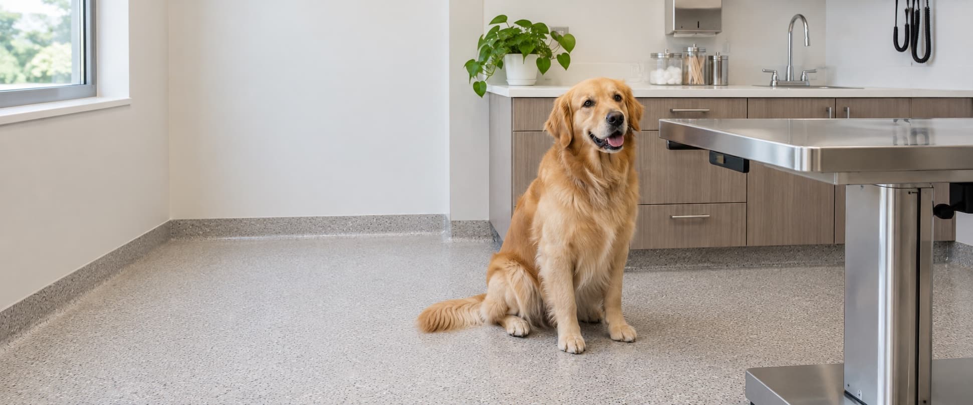 Bright veterinary exam room with a seamless flake floor