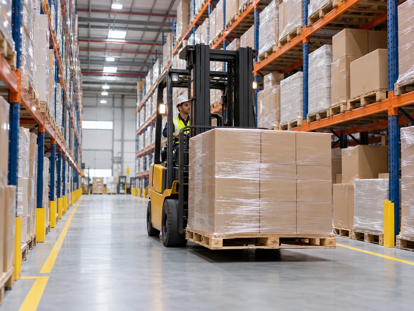 Forklift on a coated floor between rows of racking