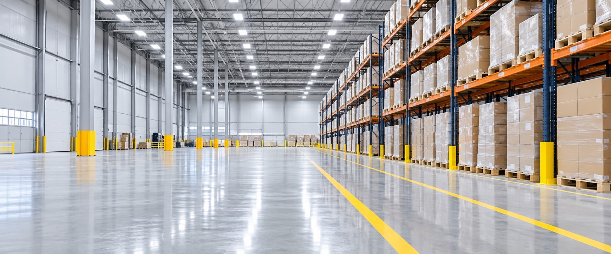 Large warehouse with a bright coated floor and pallet racking