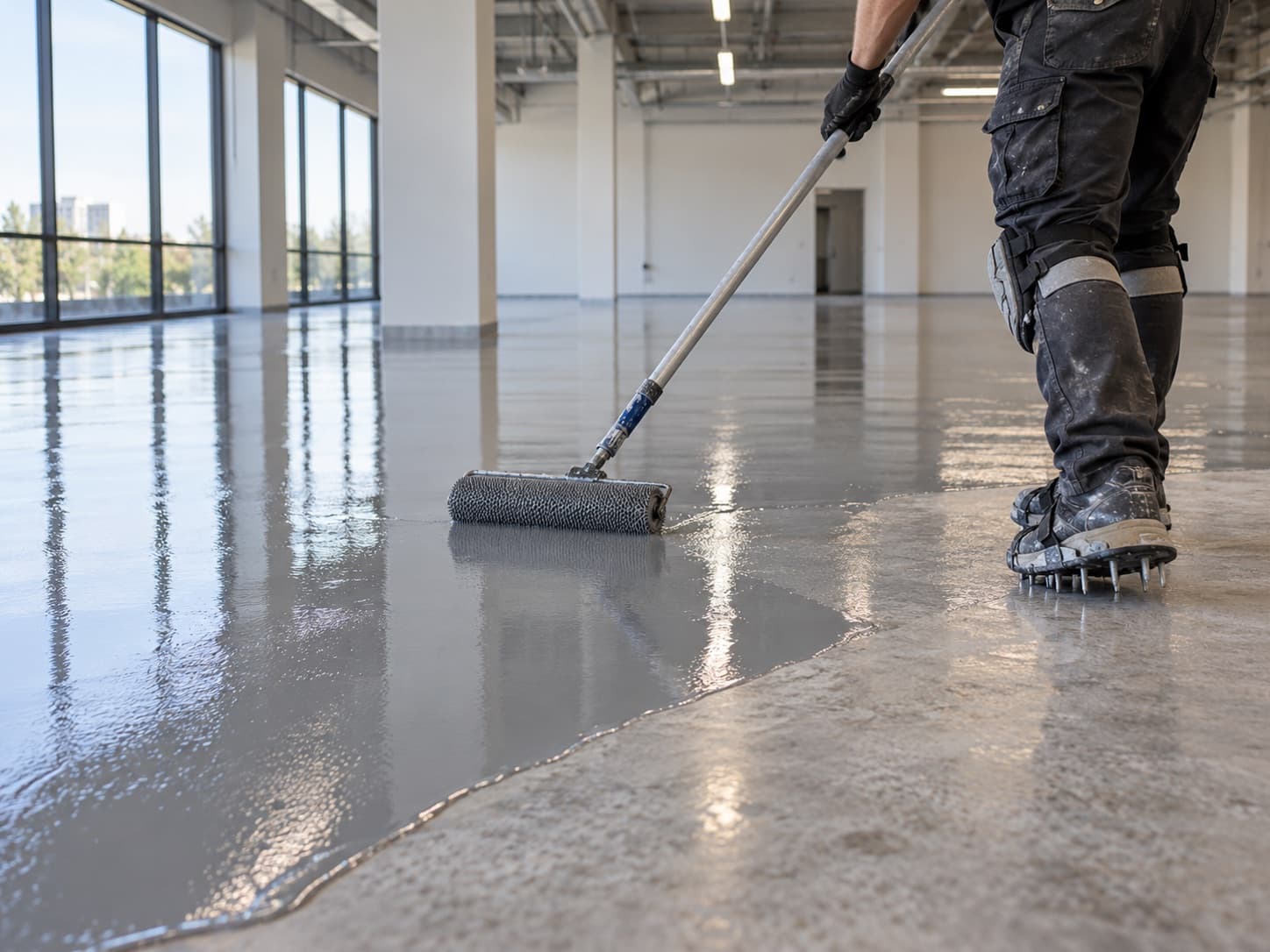 Installer applying floor coating with a roller